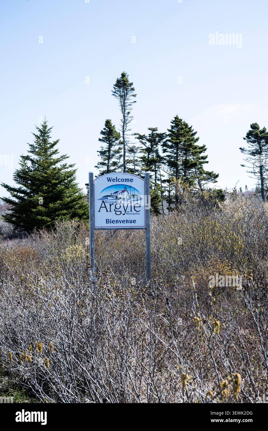 Benvenuto al cartello del comune di Argyle sulla Lighthouse Route a Lower East Pubnico, nuova Scozia, Canada Foto Stock
