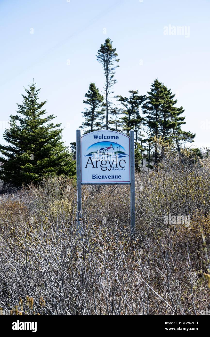 Benvenuto al cartello del comune di Argyle sulla Lighthouse Route a Lower East Pubnico, nuova Scozia, Canada Foto Stock