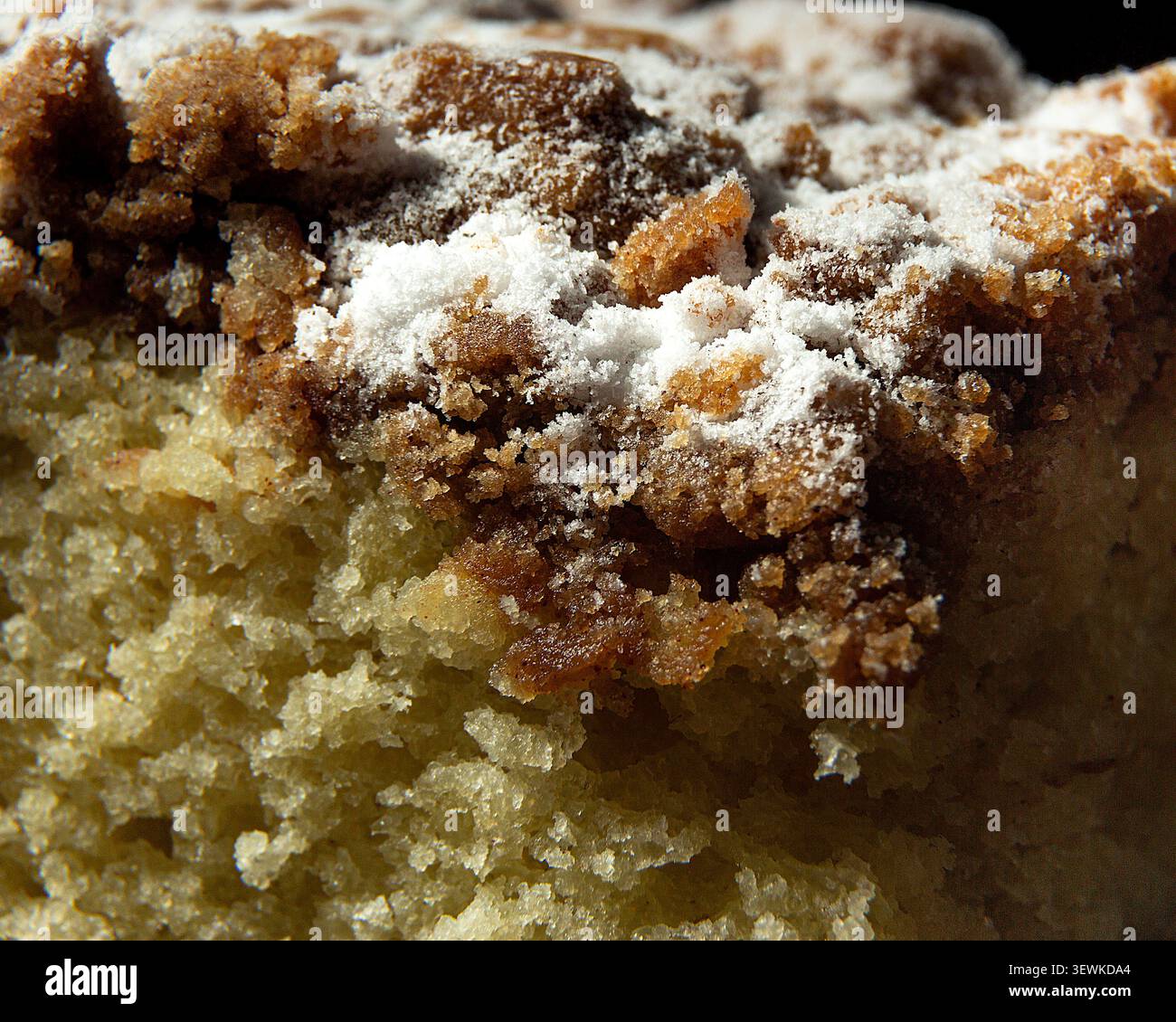Foto ravvicinata di una fetta di torta di caffè croccante ricoperta di streusel croccante e una spolverata di zucchero a velo, sottolineando la barba dorata Foto Stock