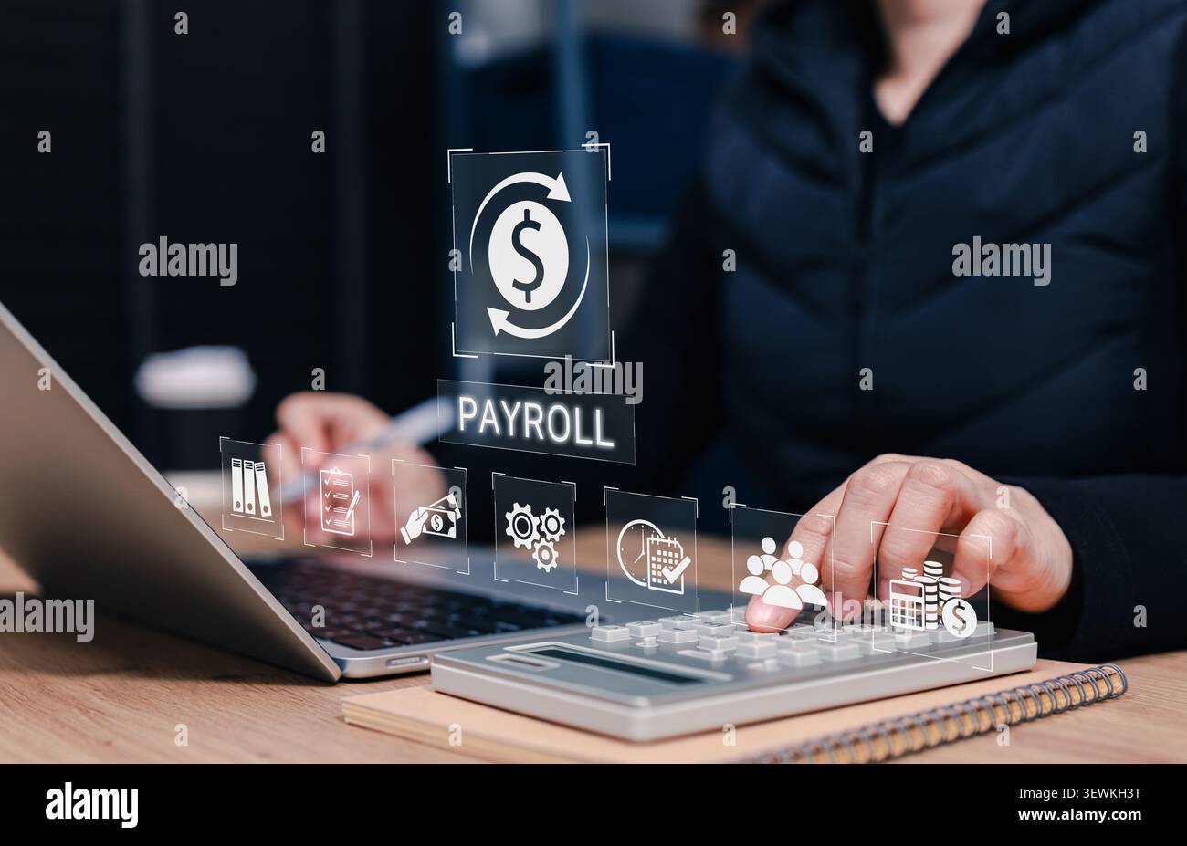 Concetto del software di gestione delle buste paga. automazione digitale dei salari, sistema di elaborazione degli stipendi, pagamento, distinta paga, record dei dipendenti, contabilità fiscale, HR Foto Stock