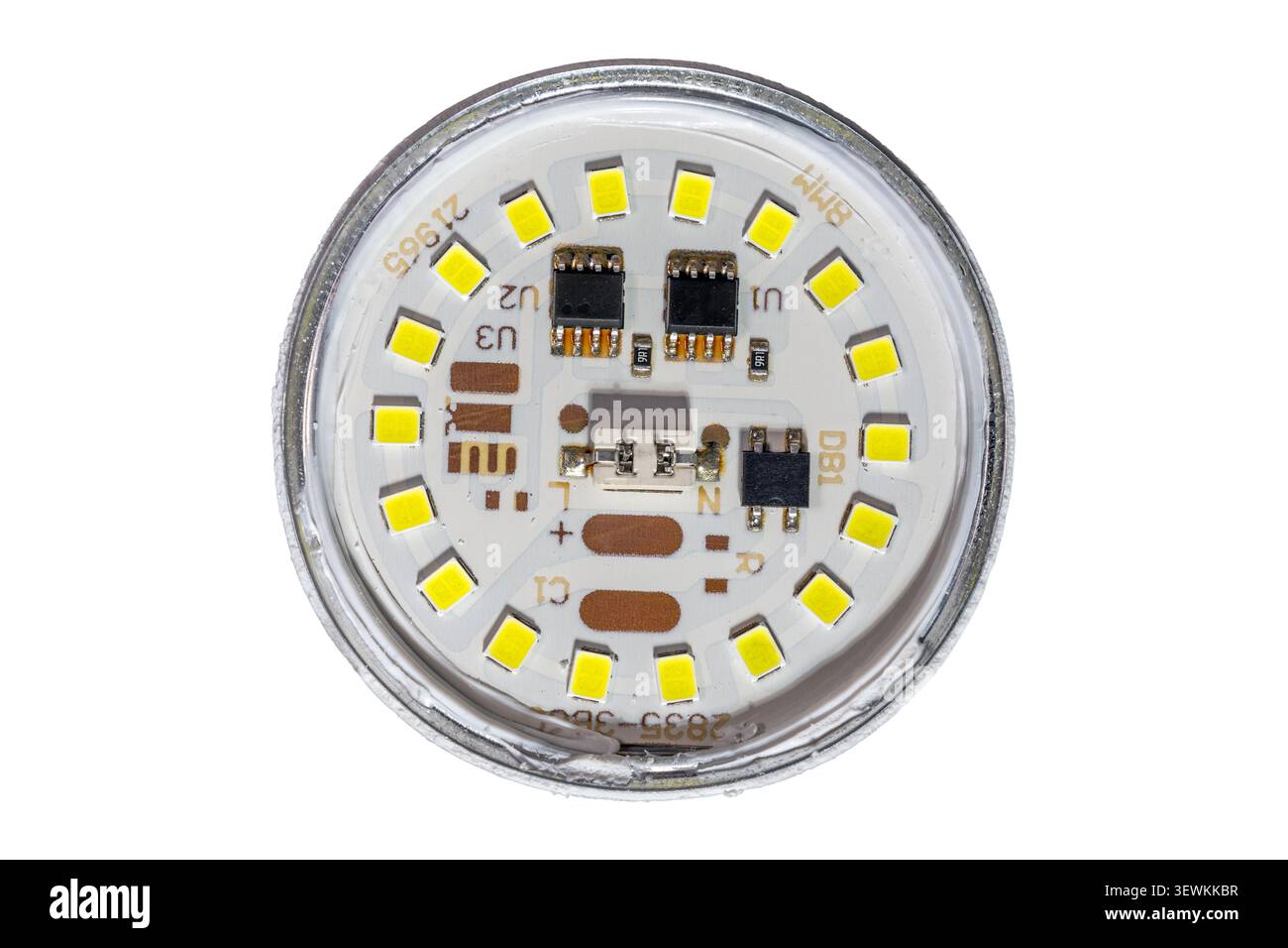 Modulo LED elettronico dettagliato che mostra componenti, chip, resistori, connettori Foto Stock
