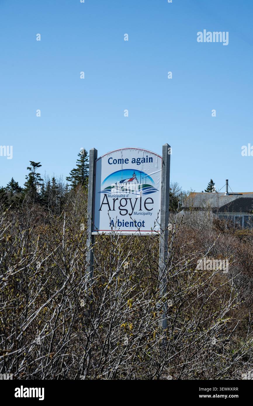 Torna al cartello del comune di Argyle sulla Lighthouse Route a Lower East Pubnico, nuova Scozia, Canada Foto Stock
