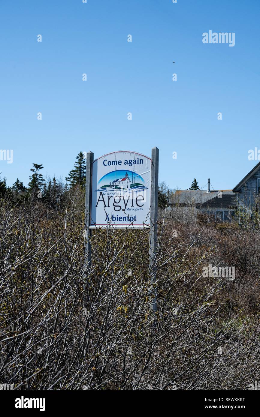 Torna al cartello del comune di Argyle sulla Lighthouse Route a Lower East Pubnico, nuova Scozia, Canada Foto Stock