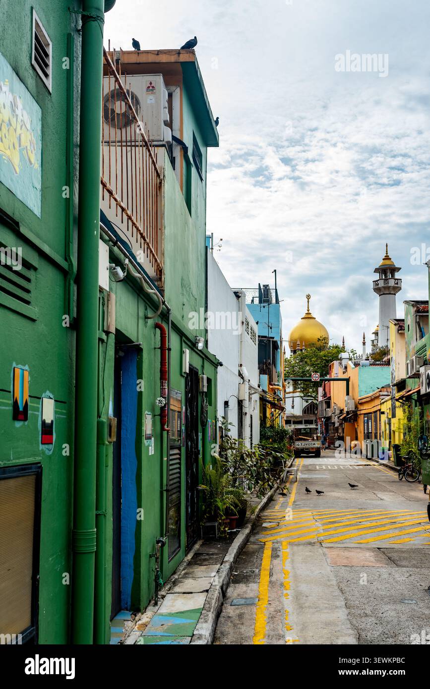 Strada colorata che conduce alla Moschea del Sultano a Kampong Glam, Singapore Foto Stock