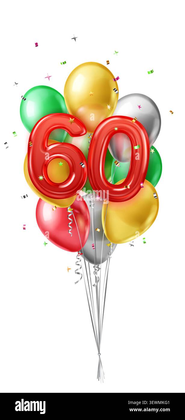 Un vivace bouquet di palloncini colorati che formano il numero 60, per celebrare un evento importante. Illustrazione Vettoriale