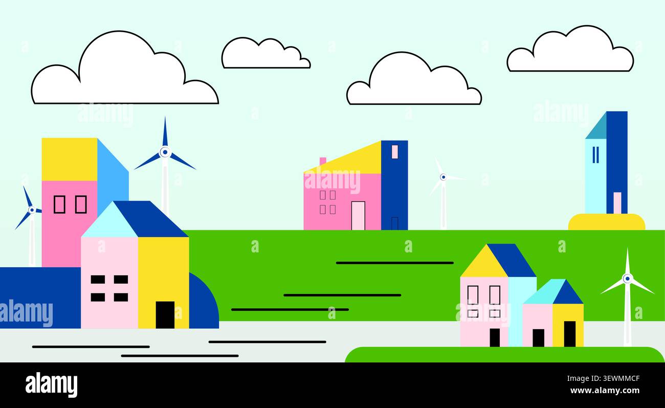 Città ecosostenibile con case colorate e turbine eoliche, paesaggio urbano Illustrazione Vettoriale
