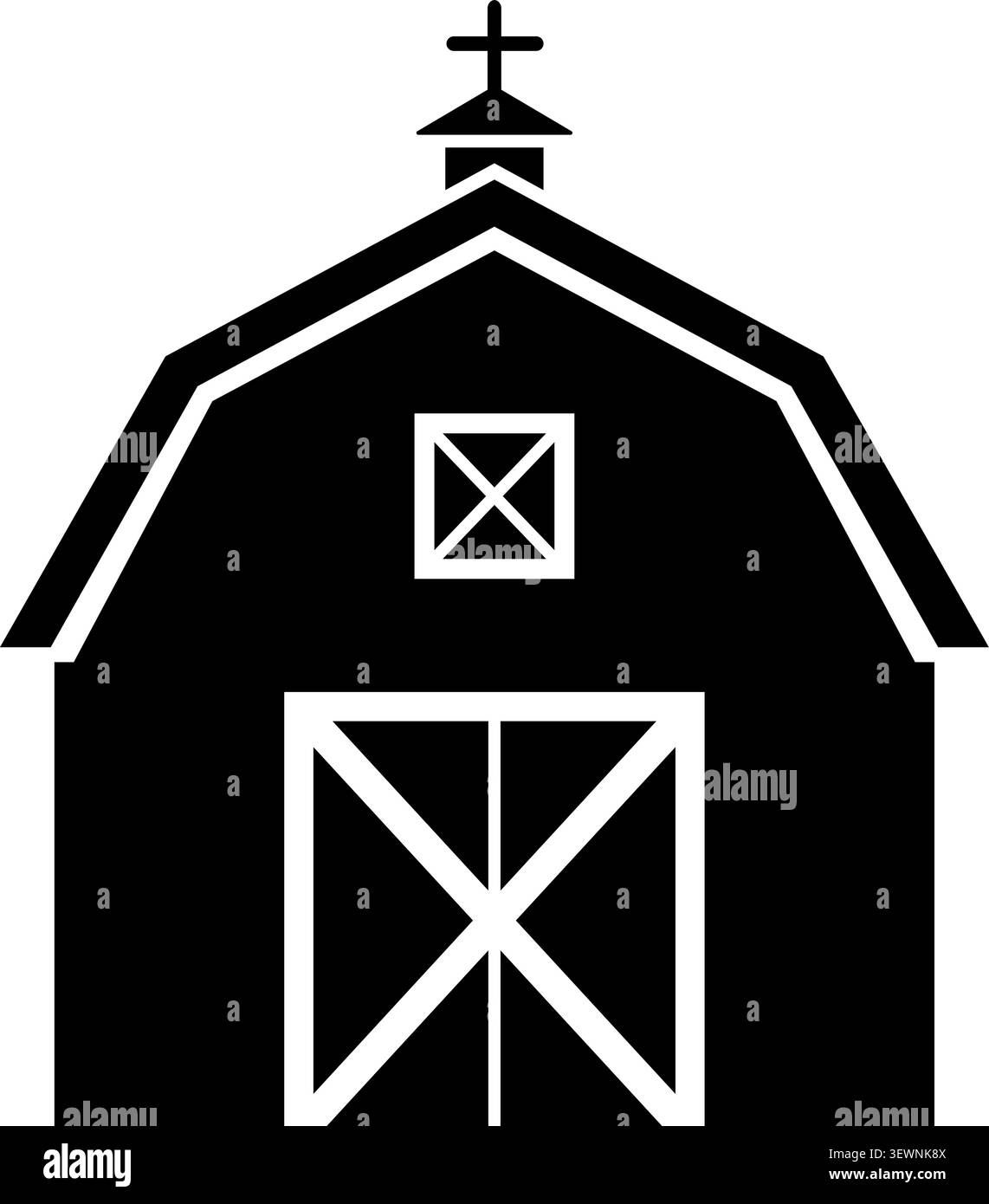 Illustrazione piatta di un fienile nero con una finestra sul tetto a picco e una grande porta bianca incrociata Illustrazione Vettoriale