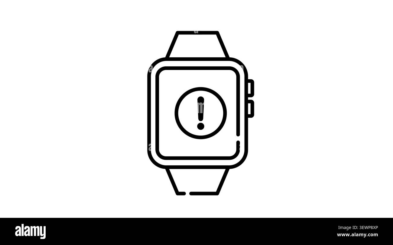 Smartwatch minimale con icona di notifica con punto esclamativo. Icona della linea vettoriale dello smartwatch lineare con un cartello di avvertimento all'interno del cerchio su una sc vuota Illustrazione Vettoriale