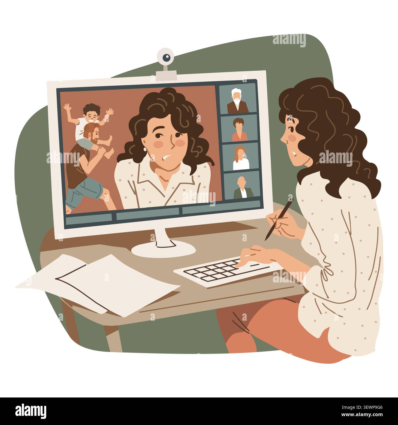 Immagine vettoriale di una donna che lavora da casa durante una videoriunione online mentre la sua famiglia interrompe accidentalmente la chiamata. Lavoro a distanza, casa o Illustrazione Vettoriale