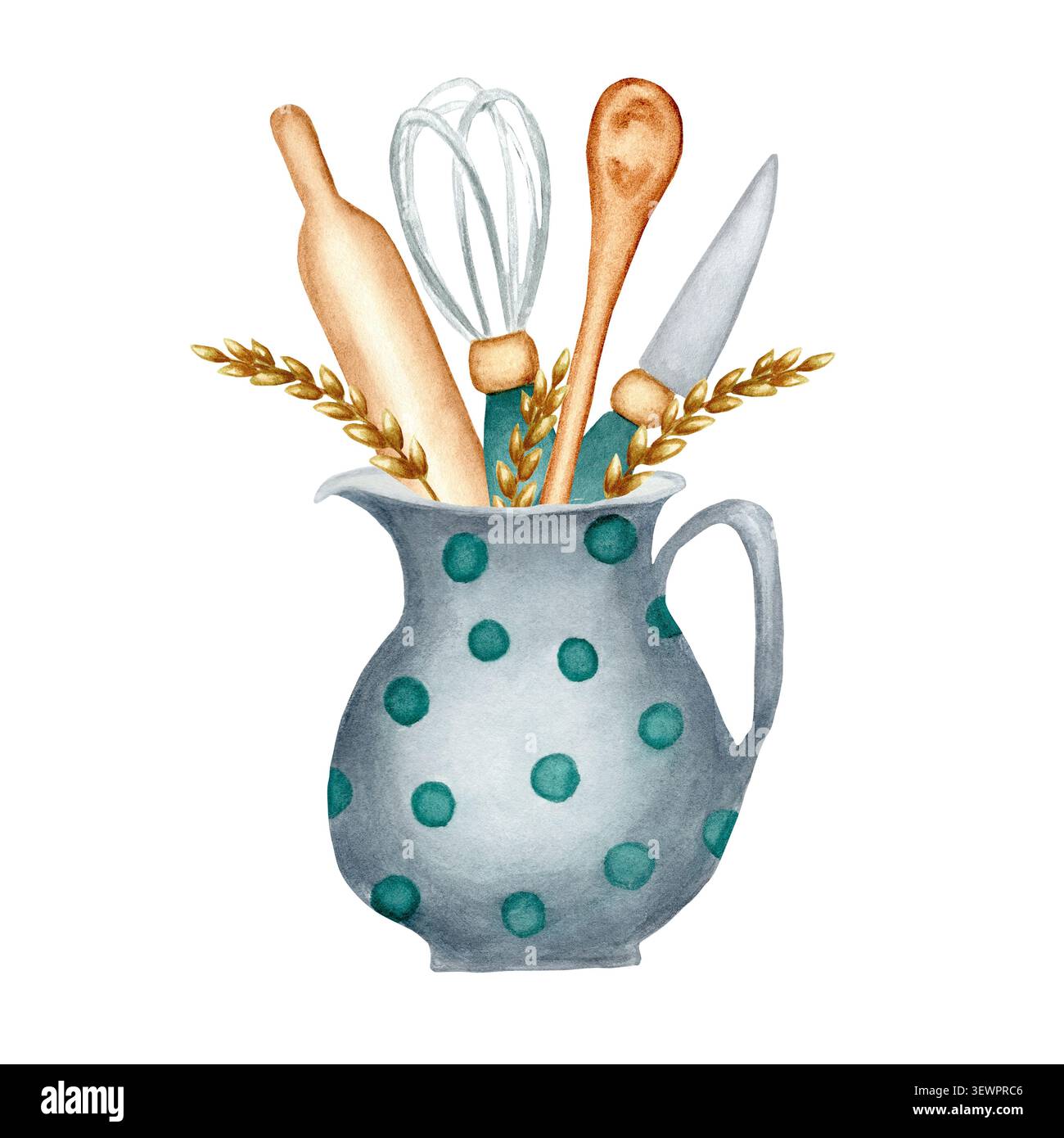 Caraffa in ceramica ad acquerello dipinta a mano con pois turchesi con utensili da cucina in legno, tra cui cucchiaio, mattarello, frusta e coltello Foto Stock
