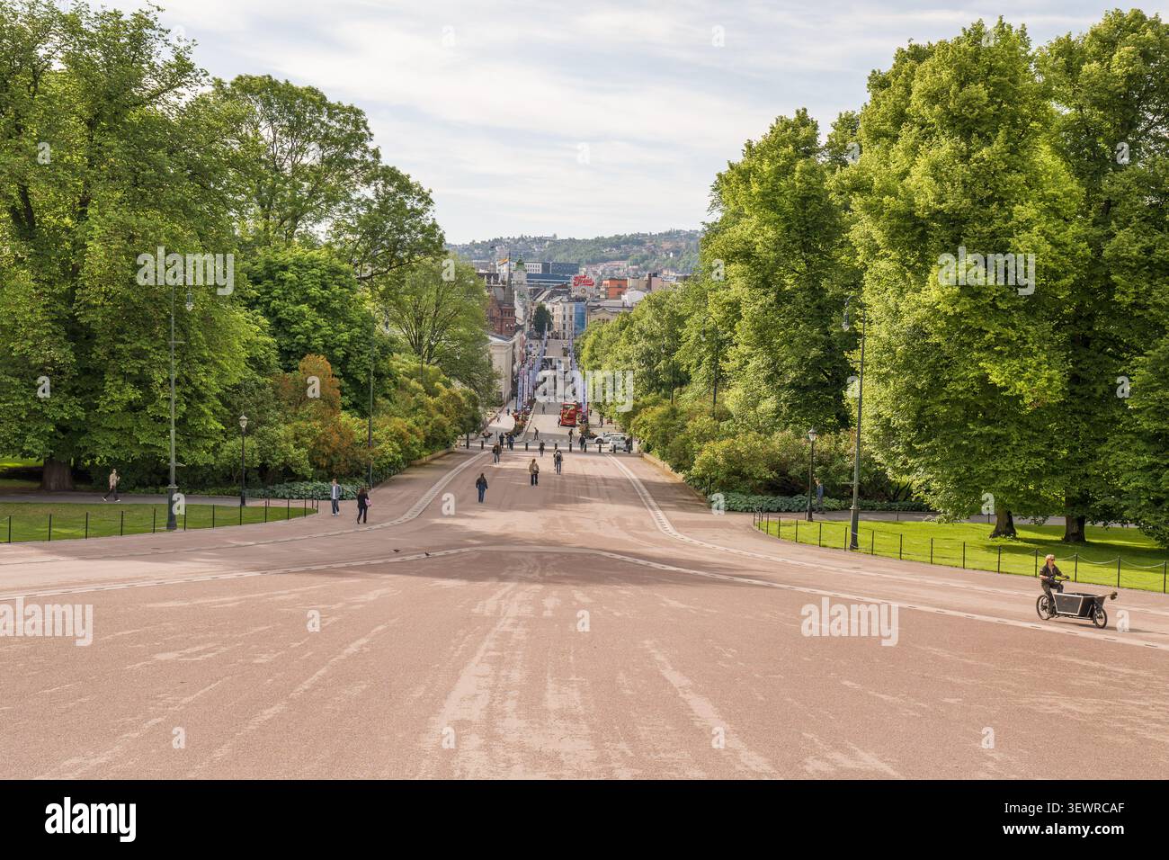 Parco verde del Palazzo reale di Oslo. Vista dalla Karl Johans Gate, la strada principale di Oslo Foto Stock