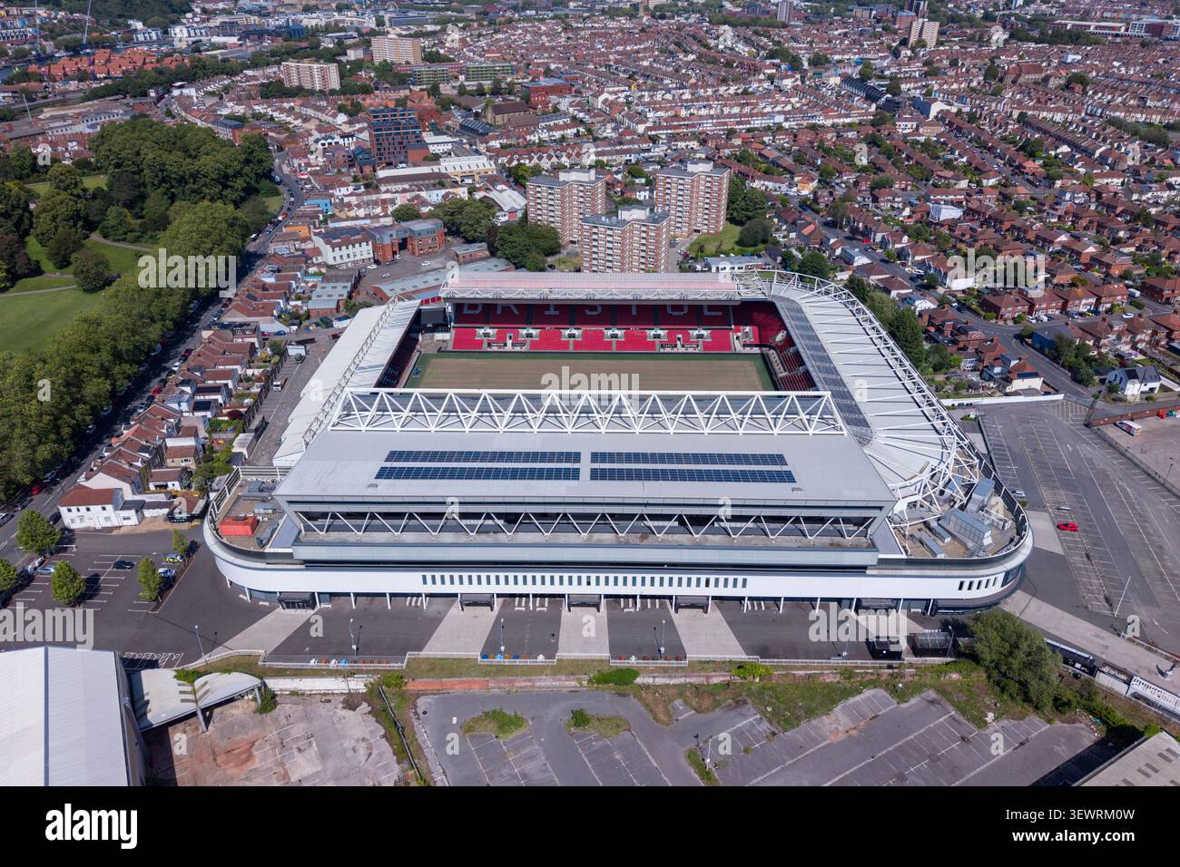 Aerial of Ashton Gate Football Ground, sede del Bristol City FC, Bristol, Regno Unito. Foto Stock
