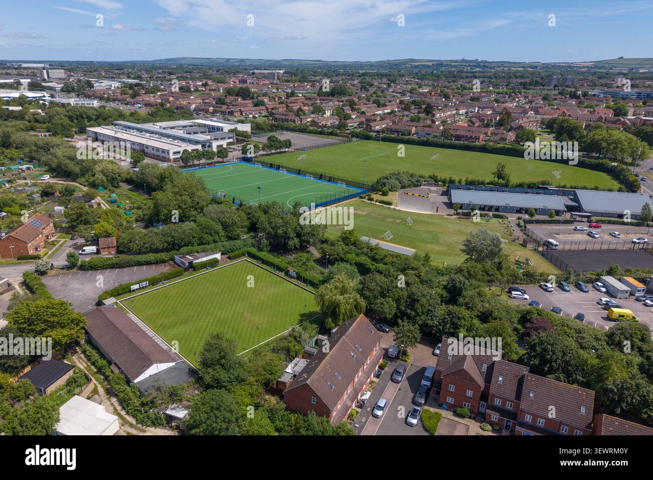 Vista aerea del complesso sportivo Foundation Park, Swindon, Inghilterra. Foto Stock