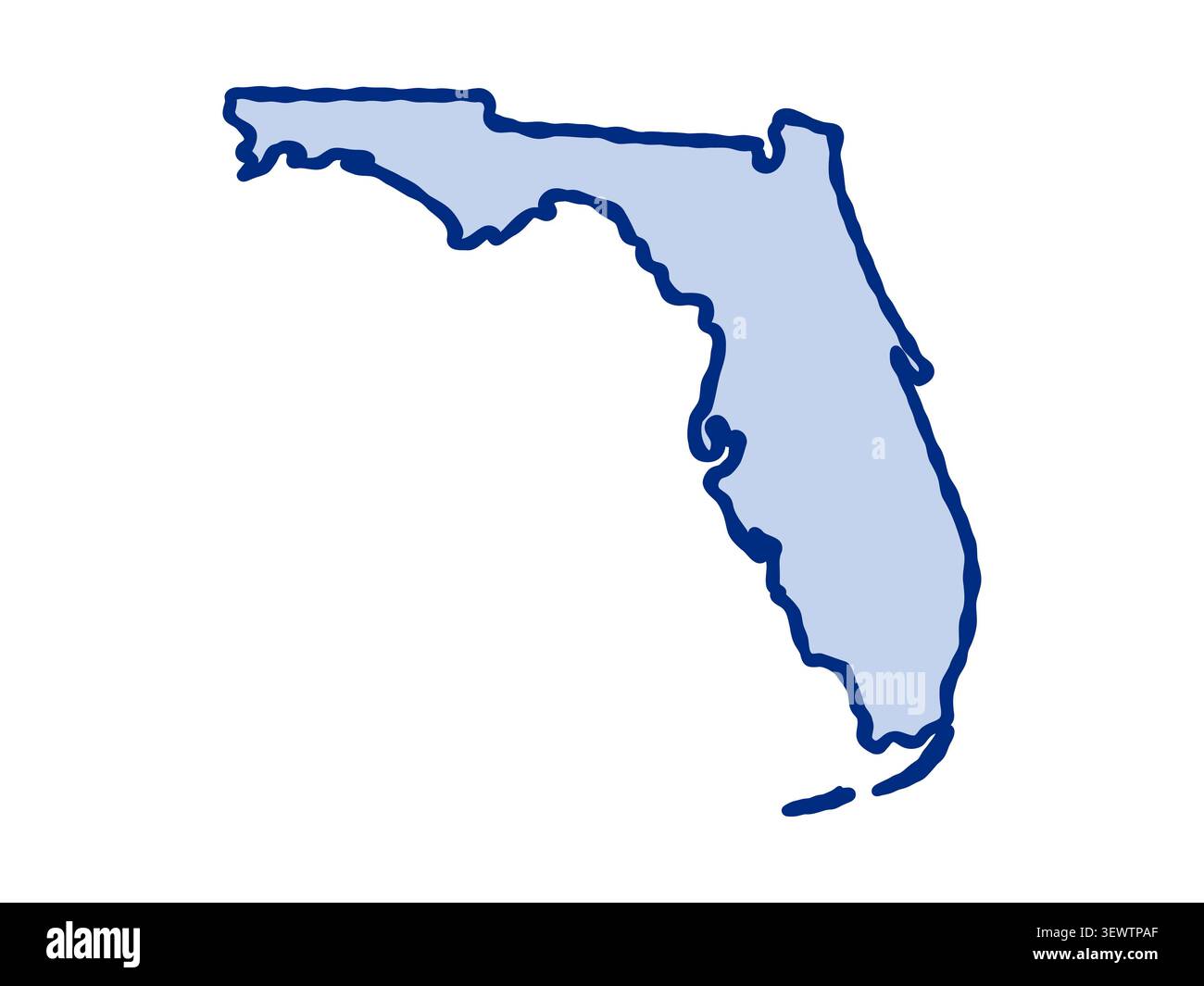 Illustrazione in stile doodle della mappa dello stato della Florida, caratterizzata dalla forma riconoscibile della Florida in un design semplice e disegnato a mano. Illustrazione Vettoriale