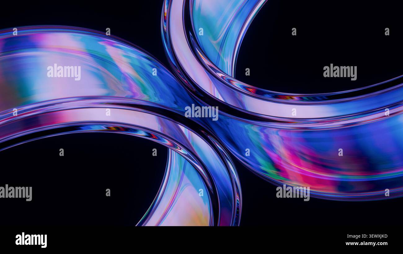Anelli in vetro iridescente con dispersione luminosa su sfondo scuro. Atmosfera elegante e futuristica, ideale per progetti tecnologici, di branding di lusso o di arte digitale. 3D. Foto Stock