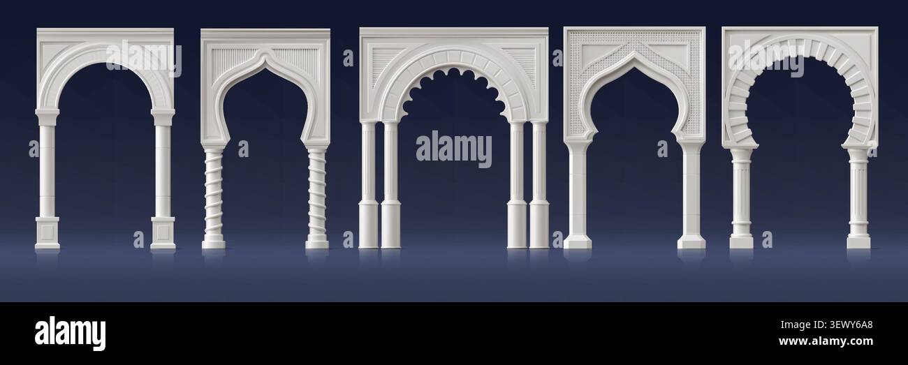 Realistico arco in marmo bianco del palazzo e porta a colonna, arco greco-romano 3d e porta ad arco del tempio. Arcata in marmo bianco di architettura antica supportata da colonne e archi decorativi per matrimoni Illustrazione Vettoriale
