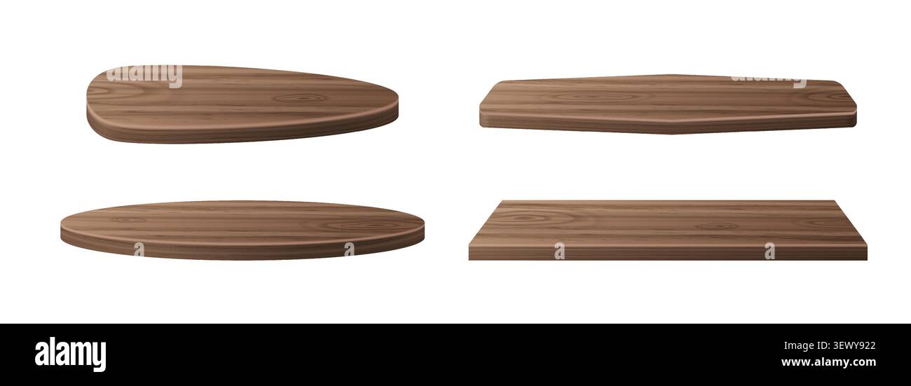 Podio in legno con trama a grana naturale, realistica illustrazione vettoriale isolata su sfondo bianco. Piattaforme di forme diverse, basi marrone scuro per l'esposizione dei prodotti Illustrazione Vettoriale