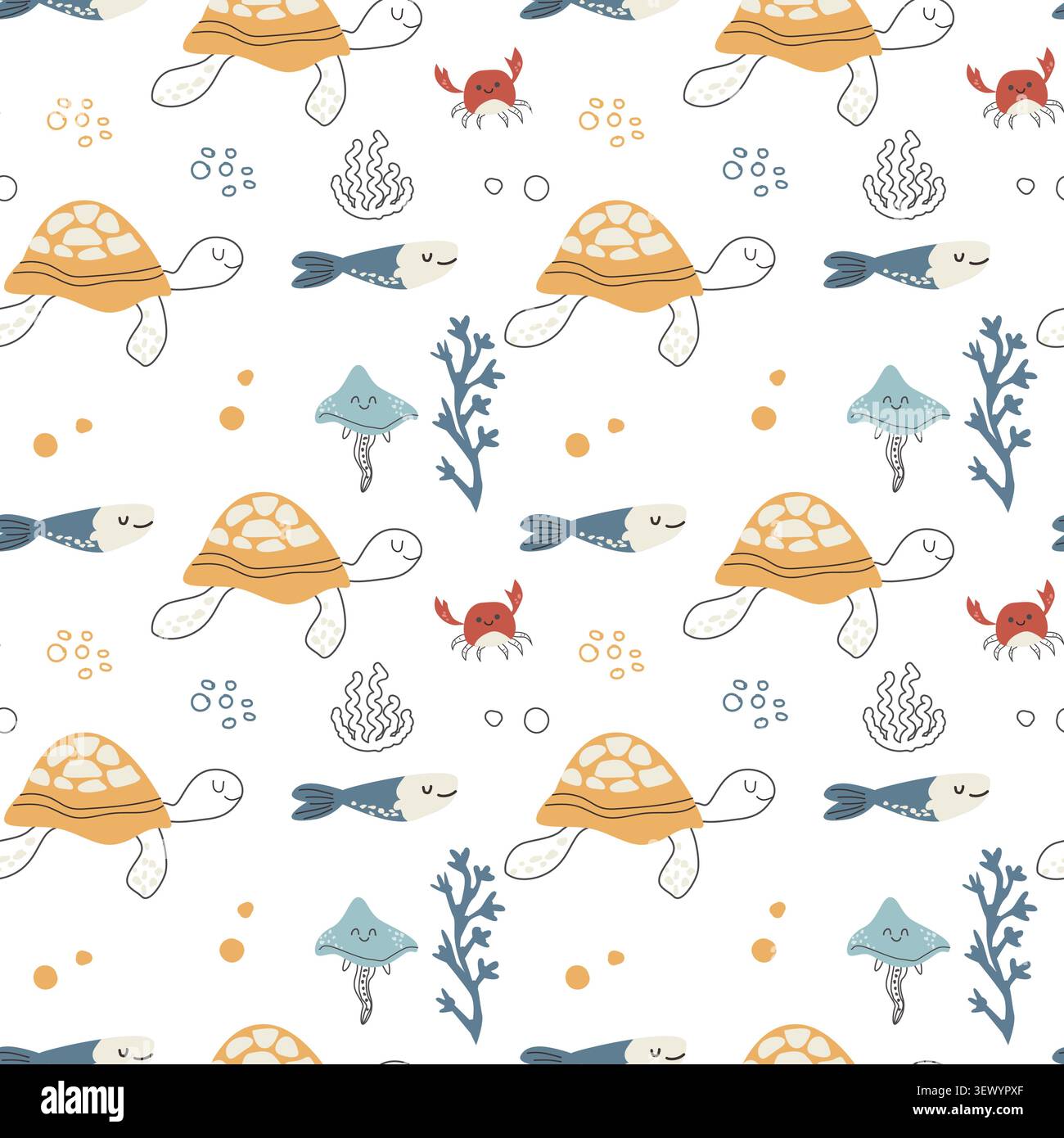 Graziose tartarughe tropicali e meduse senza cuciture in stile scandinavo. Illustrazione vettoriale disegnata a mano di creature marine e piante, coralli, Illustrazione Vettoriale