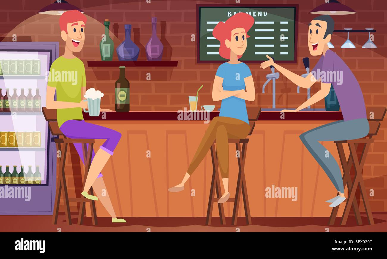Conversazione al bar. L'illustrazione vettoriale mostra gli amici che parlano e bevono insieme in un pub accogliente con caldi dettagli interni Illustrazione Vettoriale