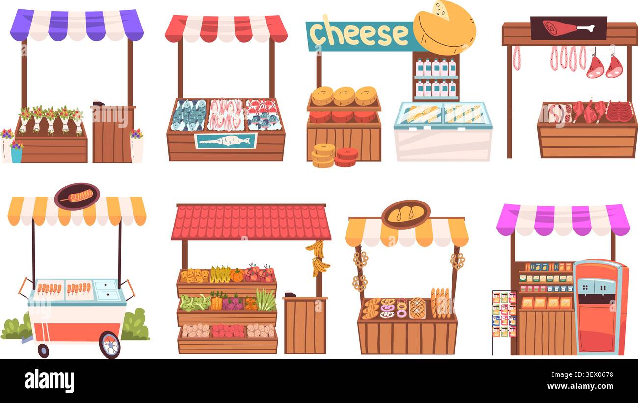 Bancarelle del mercato di strada. Tenda espositiva all'aperto, chiosco locale, negozio di alimentari, banco di pesce, banco di carne, panetteria, verdura, frutta, formaggio, latte, fiori, carrello di vendita, illustrazione vettoriale di classe, opere d'arte originali Illustrazione Vettoriale