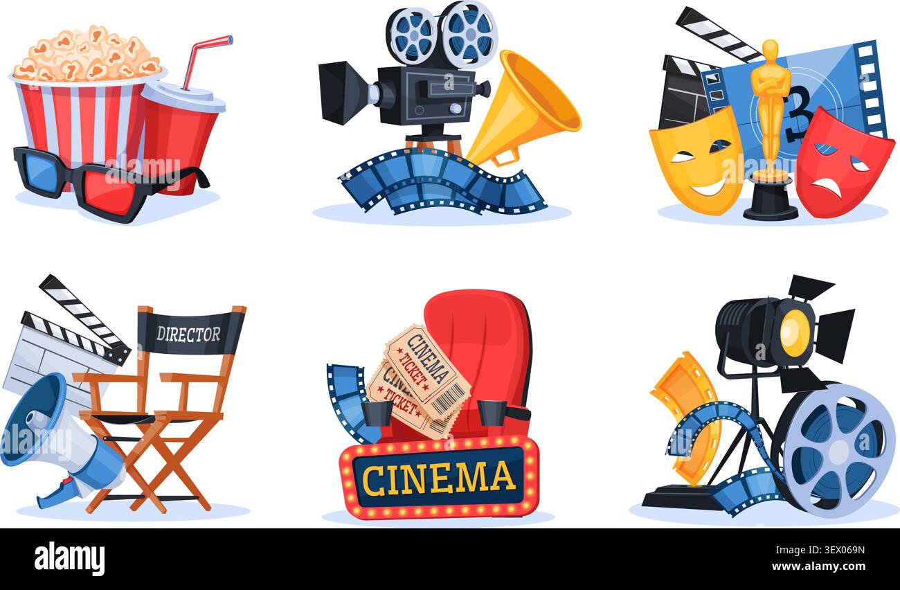 Elementi filmato. Produzione cinematografica studio di montaggio, film che fanno icone intrattenimento tv media teatro regista cinematografico macchina fotografica popcorn clapperboard illustrazione vettoriale qualitativa grafica originale Illustrazione Vettoriale