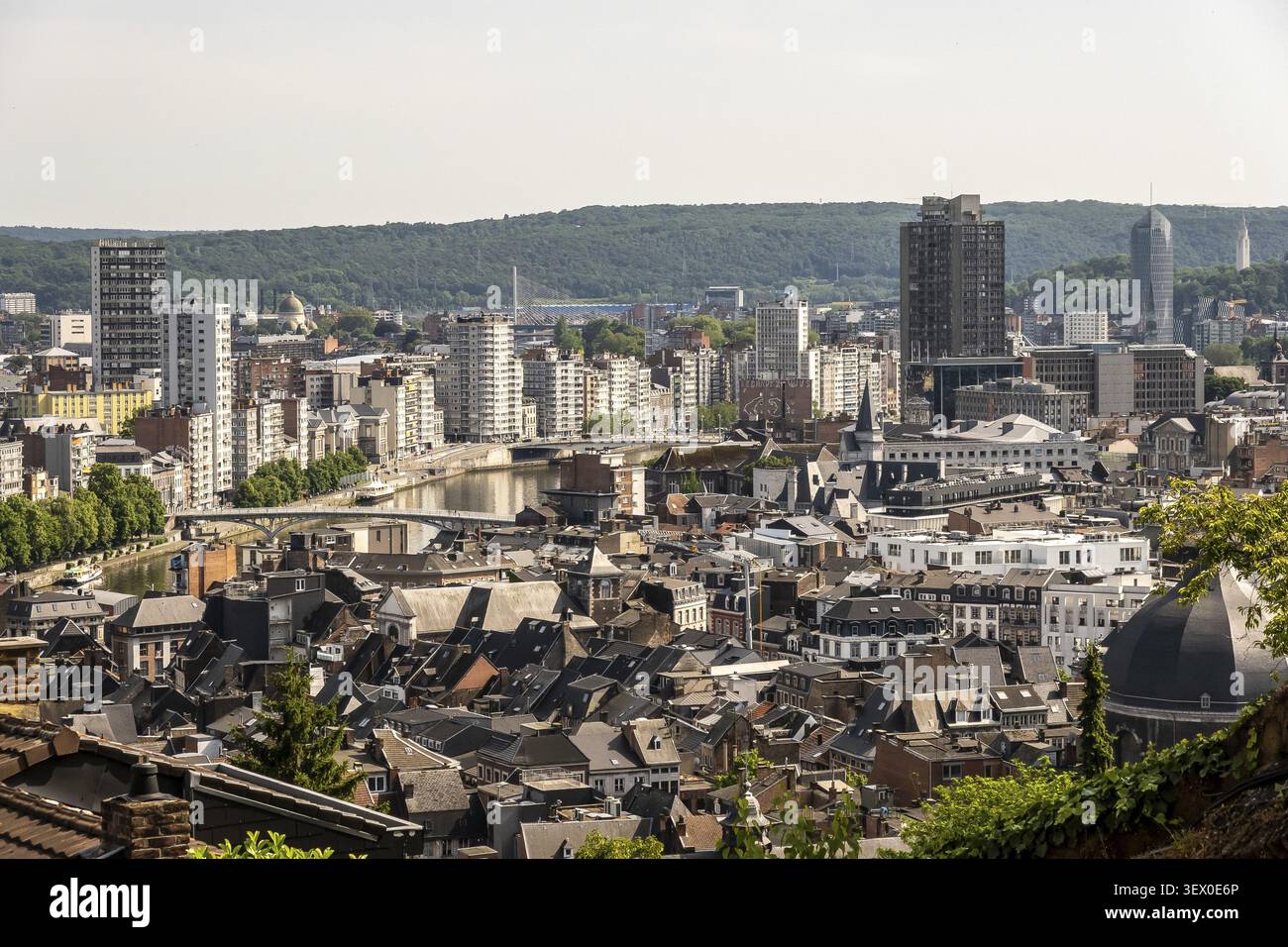 Vista panoramica di Liegi con Maas e skyline moderno, Liegi, provincia di Liegi, Belgio Foto Stock