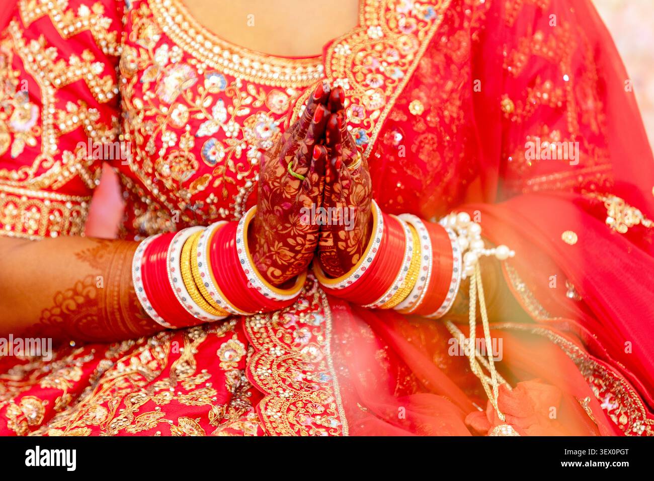 Sposa indiana in tradizionale abbigliamento rosso con intricati ricami e gioielli in oro Foto Stock