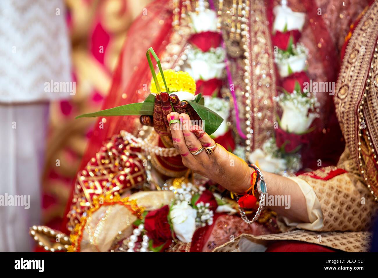 La sposa indiana in abiti tradizionali esegue un rituale nuziale con fiori e foglie Foto Stock