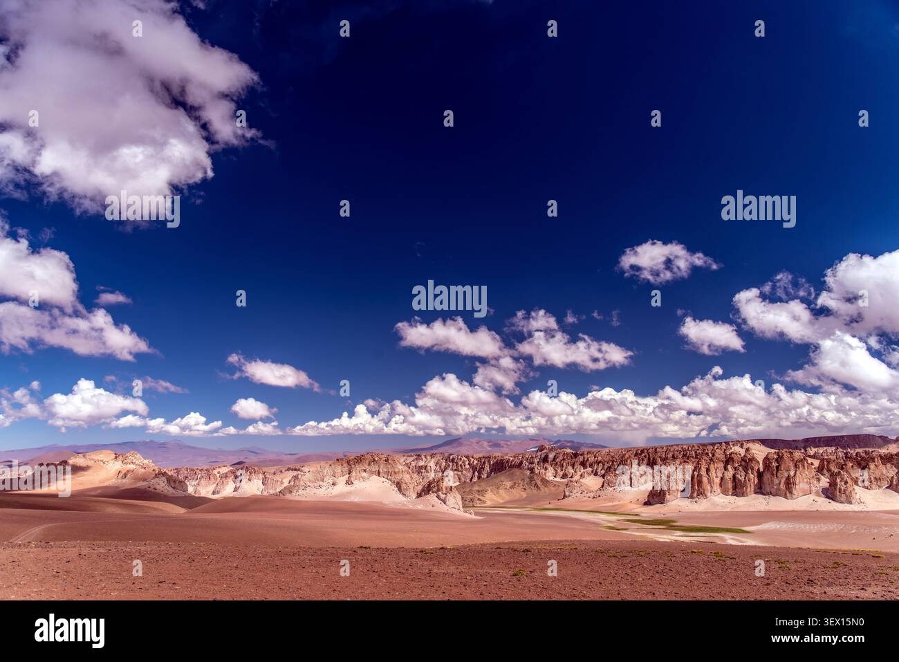 Vasto e arido paesaggio altopiano del deserto ad alta quota caratterizzato da formazioni rocciose ignimbrite sotto un suggestivo cielo blu con soffici nuvole bianche Foto Stock