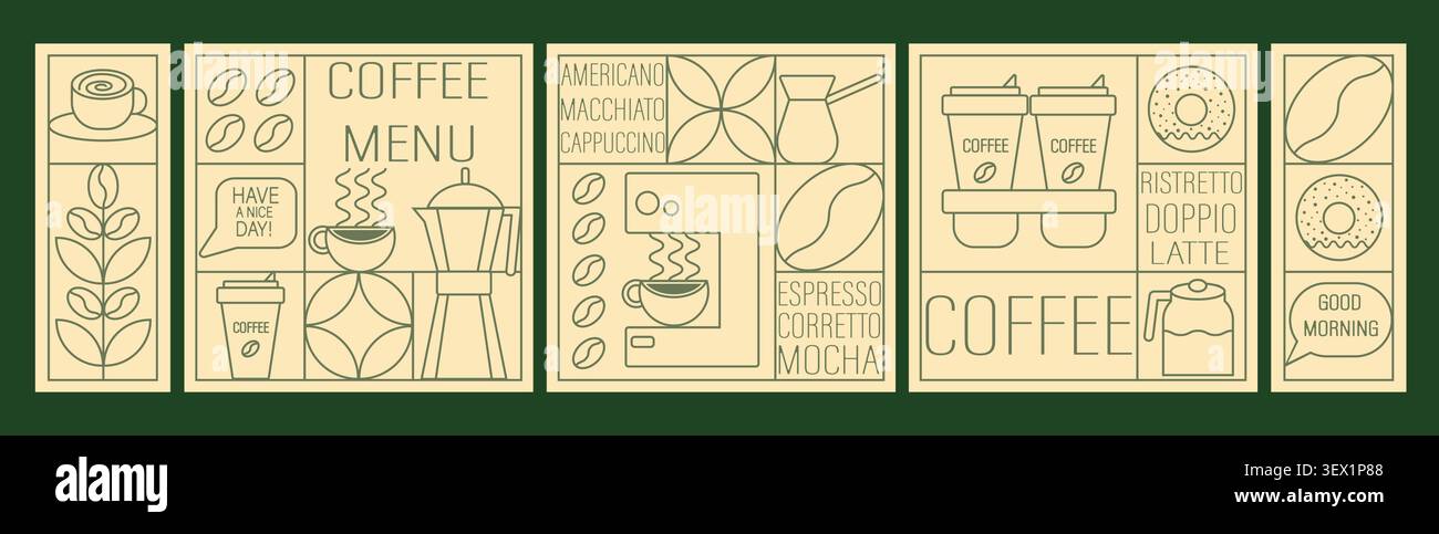 Banner geometrici a tema caffè. Illustrazione disegnata a mano del caffè. Sfondo di stampa astratto con forme semplici per caffetteria, packaging alimentare, parete del caffè, menu. Icone del caffè, design lineare. Illustrazione Vettoriale