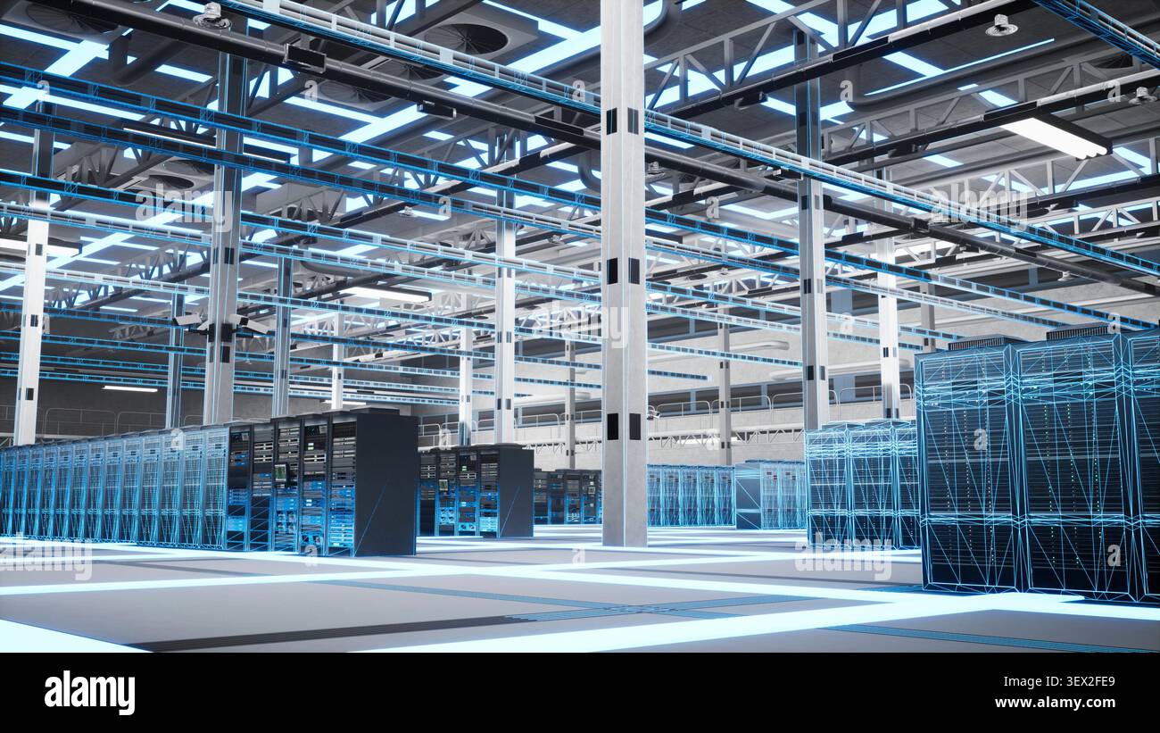Il rendering digitale blu visualizza i server di database e i calcoli complessi attraverso la mappatura digitale gemella blu. Foto Stock