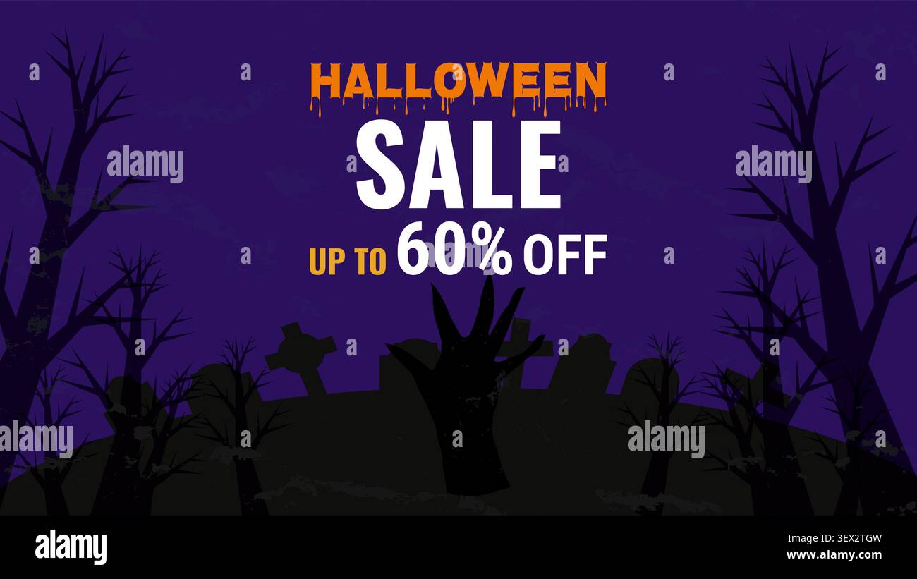 Banner con silhouette di vendita Dark Halloween per annunci, web design e marketing. Ideale per spaventose promozioni autunnali e campagne retail. Illustrazione vettoriale Premium Illustrazione Vettoriale