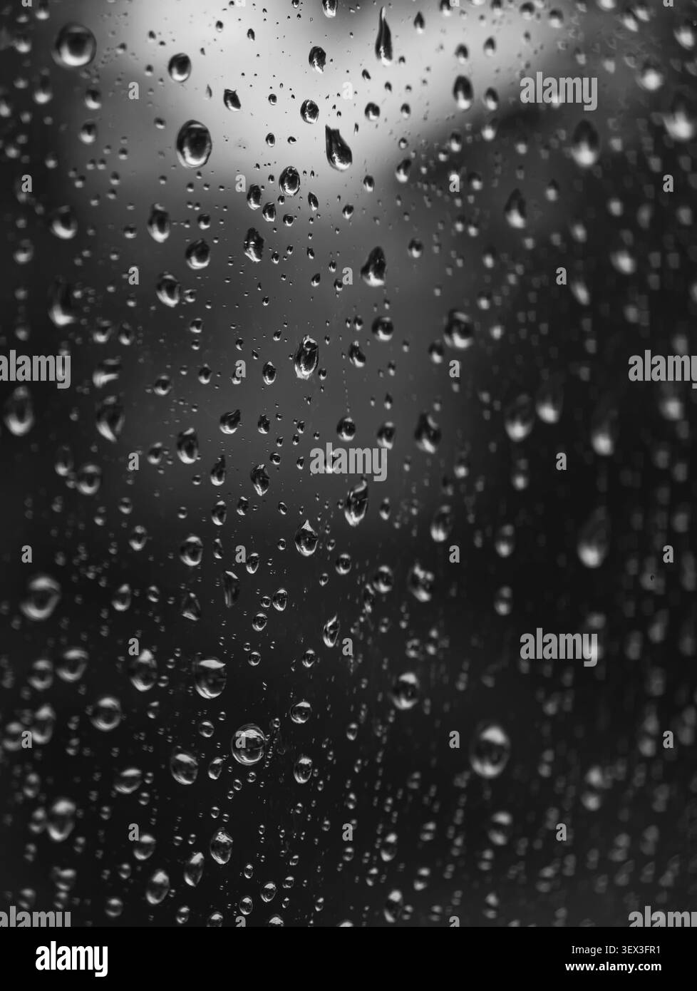 Vista ravvicinata delle gocce di pioggia agganciate al vetro scuro, luci soffuse e sfocate dietro di esse, creando una texture monocromatica ad alto contrasto e uno sfondo suggestivo Foto Stock