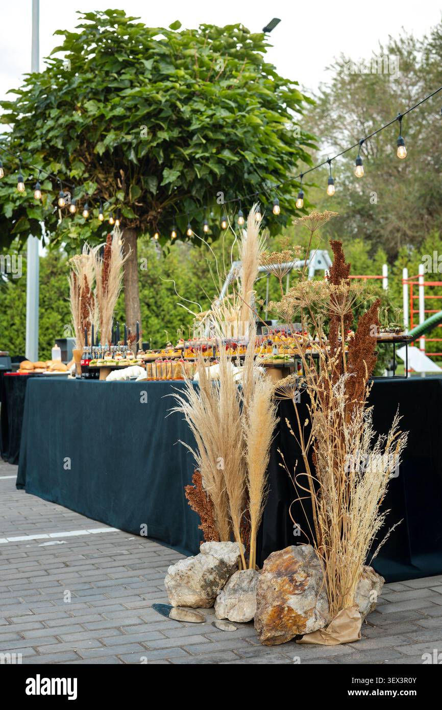 Tavolo da buffet per catering all'aperto decorato con pampa e pietre, scatto all'altezza degli occhi Foto Stock