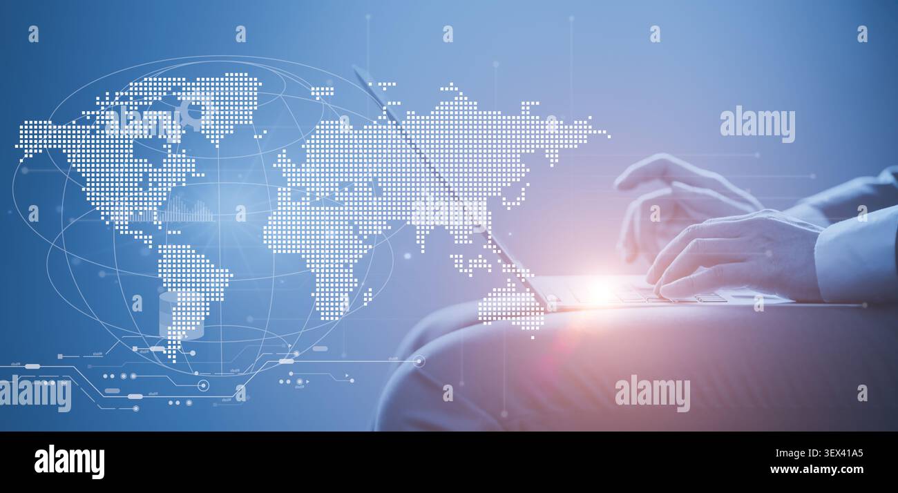 Concetto di connessione aziendale a livello mondiale, scambio di informazioni sui dati Word ai, contatto aziendale globale. Uomo d'affari che scrive su un computer portatile con World ma Foto Stock