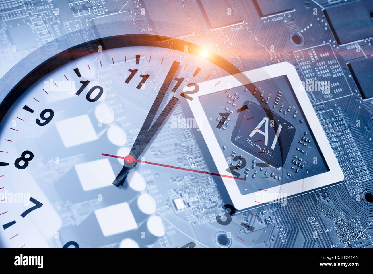 Chip AI con orologio, concetto di intelligenza artificiale, aggiornamento dell'intelligenza artificiale, futuro tecnologico, innovazione digitale, crescita dell'automazione, le macchina Foto Stock