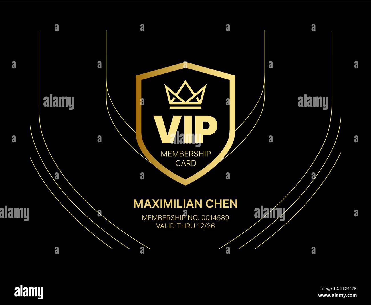 Modello di tessera VIP di lusso con stemma a scudo dorato, badge fedeltà premium ed elegante sfondo nero per un esclusivo vettore di branding Illustrazione Vettoriale