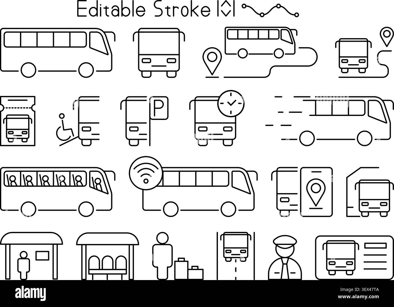 Set di icone di trasporto autobus a tratto modificabile con simboli di trasporto pubblico, navigazione, parcheggio, fermata dell'autobus, accessibilità, trasporto intelligente e concetti di passeggero. Ideale per UI, app, mappe e progetti di mobilità. Set vettoriale di trasporto autobus urbano. Illustrazioni di contorno della mobilità urbana. Pacchetto a tratto modificabile per il transito intelligente. Illustrazione Vettoriale