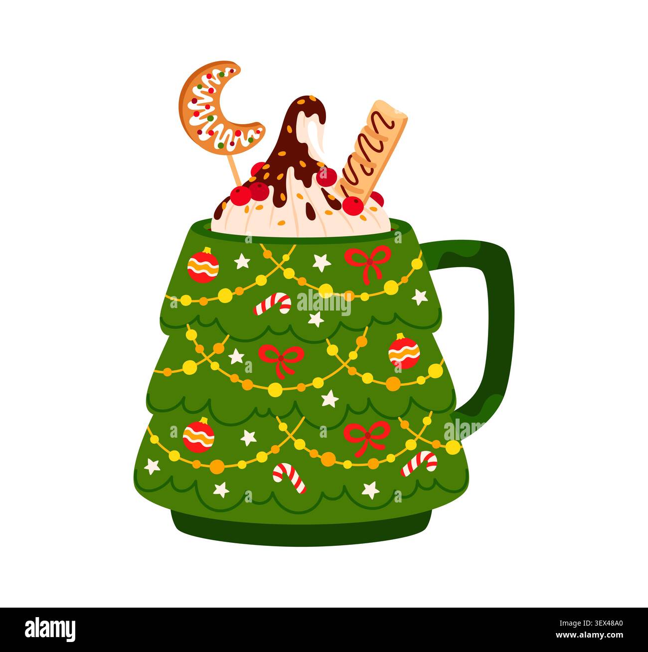Tazza a forma di albero di Natale ripiena di eggnog, cioccolata calda e bevanda da dessert al cacao, con panna montata e gocciolatoio di cioccolato. Tazza di abete rosso cartoni animati decorata con biscotti e dolci Illustrazione Vettoriale