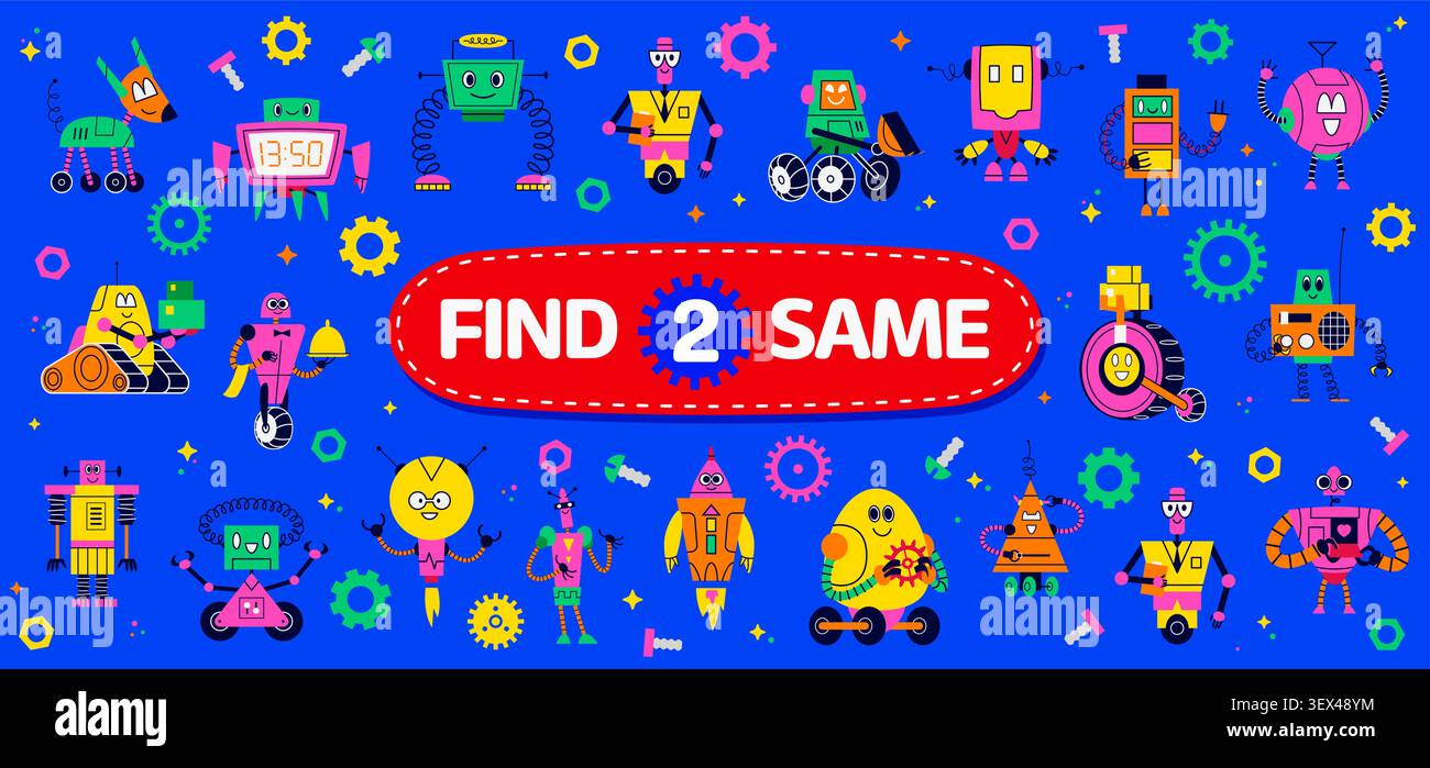 Foglio di lavoro per bambini, trova due divertenti droidi robot tra i tanti personaggi di ingranaggi, ruote, molle e giocattoli. I bambini dei cartoni animati abbinano il puzzle o l'enigma per l'apprendimento precoce e le attività dell'infanzia Illustrazione Vettoriale