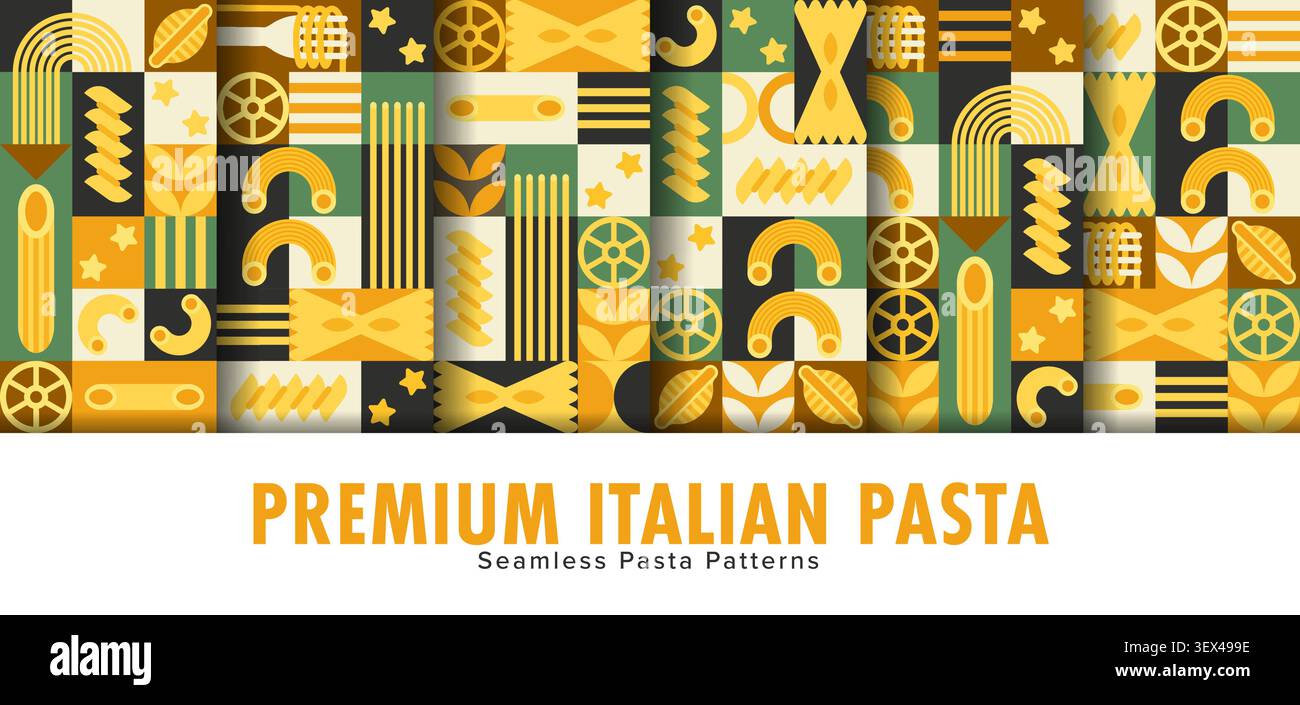 Pasta e spaghetti italiani senza cuciture con blocchi geometrici di fusilli, farfalle, penne, rigatoni e spaghetti. Mosaico di blocchi di pasta verde, arancia e crema, menu del ristorante italiano Illustrazione Vettoriale