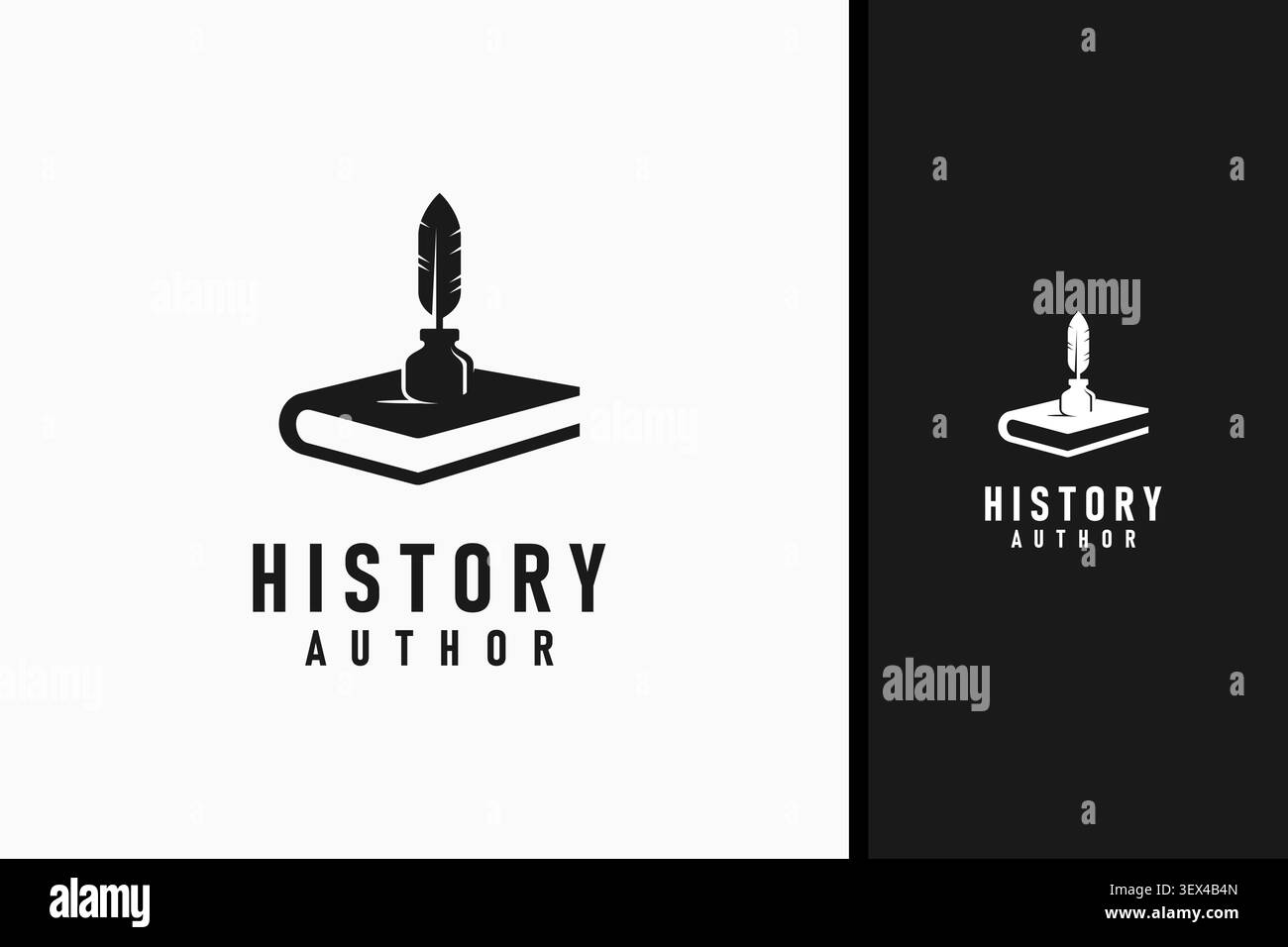 Penna quill piuma e libro per il design dell'icona del logo storico Illustrazione Vettoriale