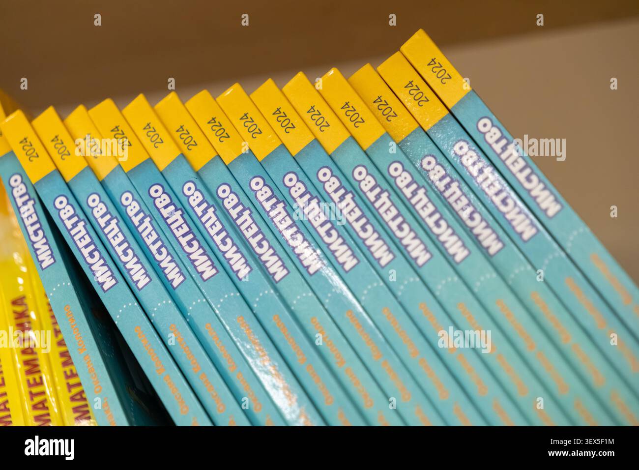 Kiev, Ucraina - 21 marzo 2026: Libri educativi impilati con copertine luminose sono allineati su uno scaffale della biblioteca, illustrando le forniture scolastiche e i preparativi Foto Stock
