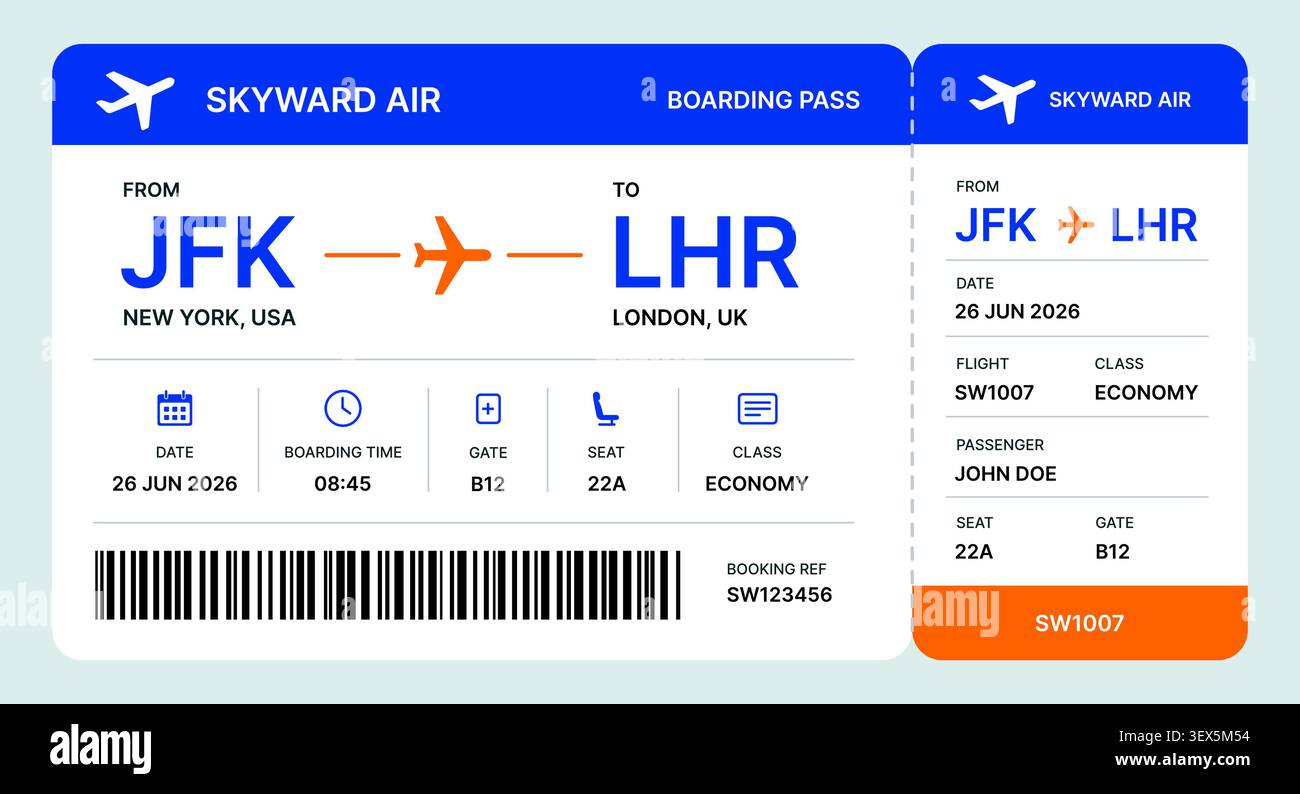 Modello di carta d'imbarco della compagnia aerea con biglietto aereo, carta mobile, codice a barre, informazioni sui passeggeri e vettore di progettazione dei viaggi in aeroporto Illustrazione Vettoriale