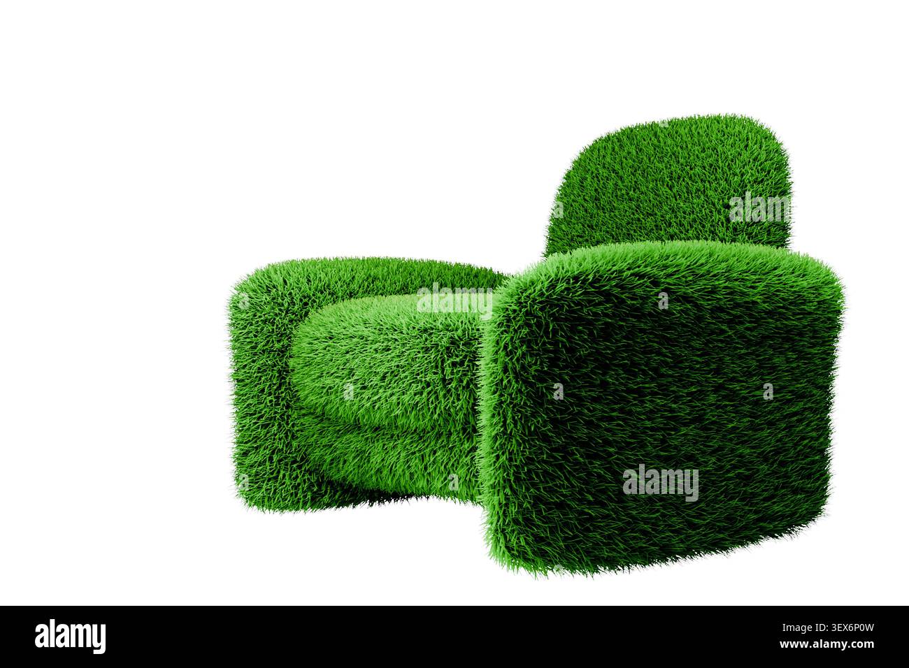 Un rendering 3D creativo di una comoda poltrona moderna interamente ricoperta di lussureggiante erba verde, isolata su uno sfondo bianco per lo spazio delle copie e. Foto Stock