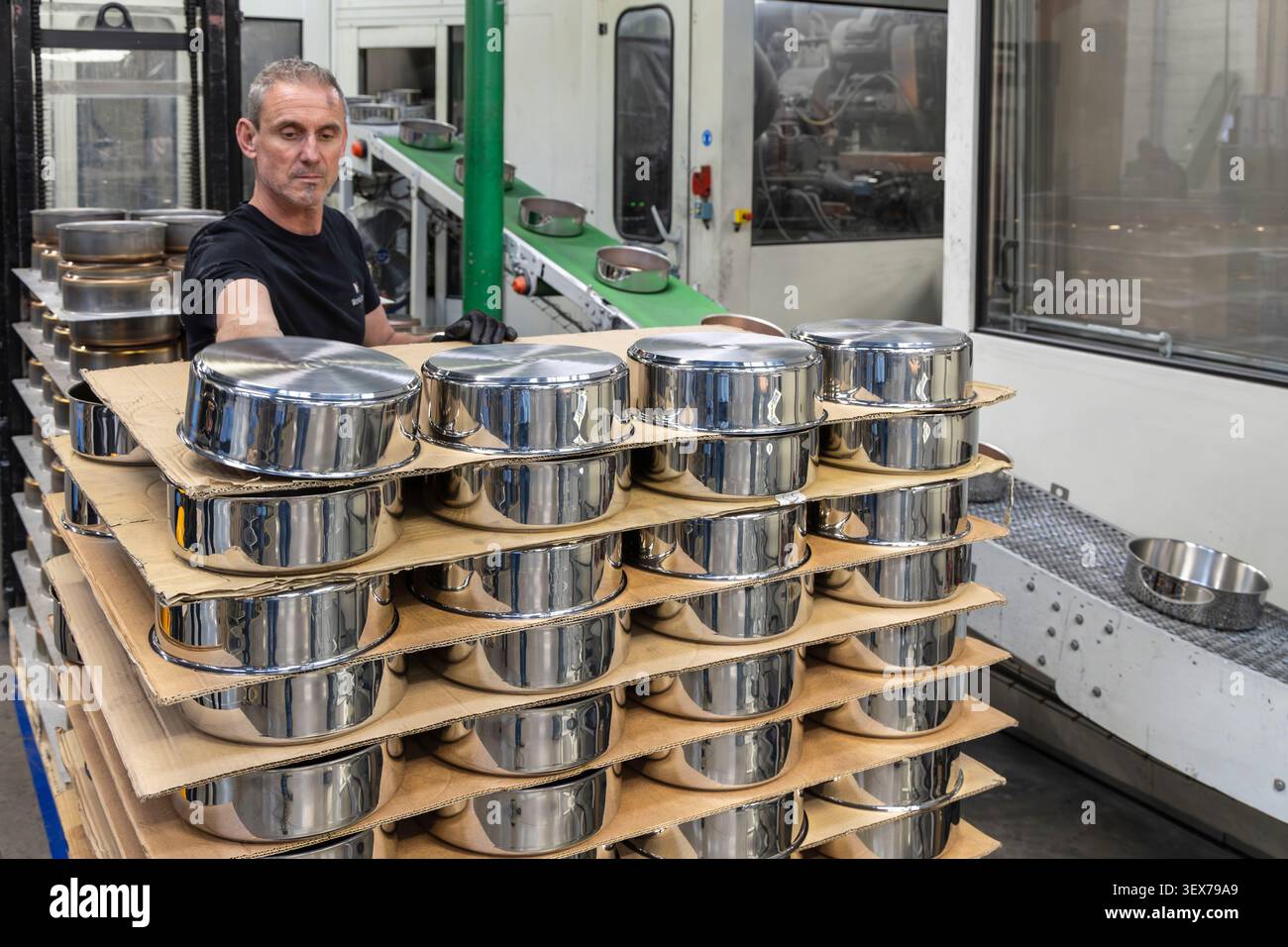 Francia, Doubs, Fesches le Chatel, Cristel Company, fabbrica e outlet, produttore francese leader di pentole in acciaio inossidabile di alta gamma, ha ricevuto il marchio Living Heritage Company Foto Stock