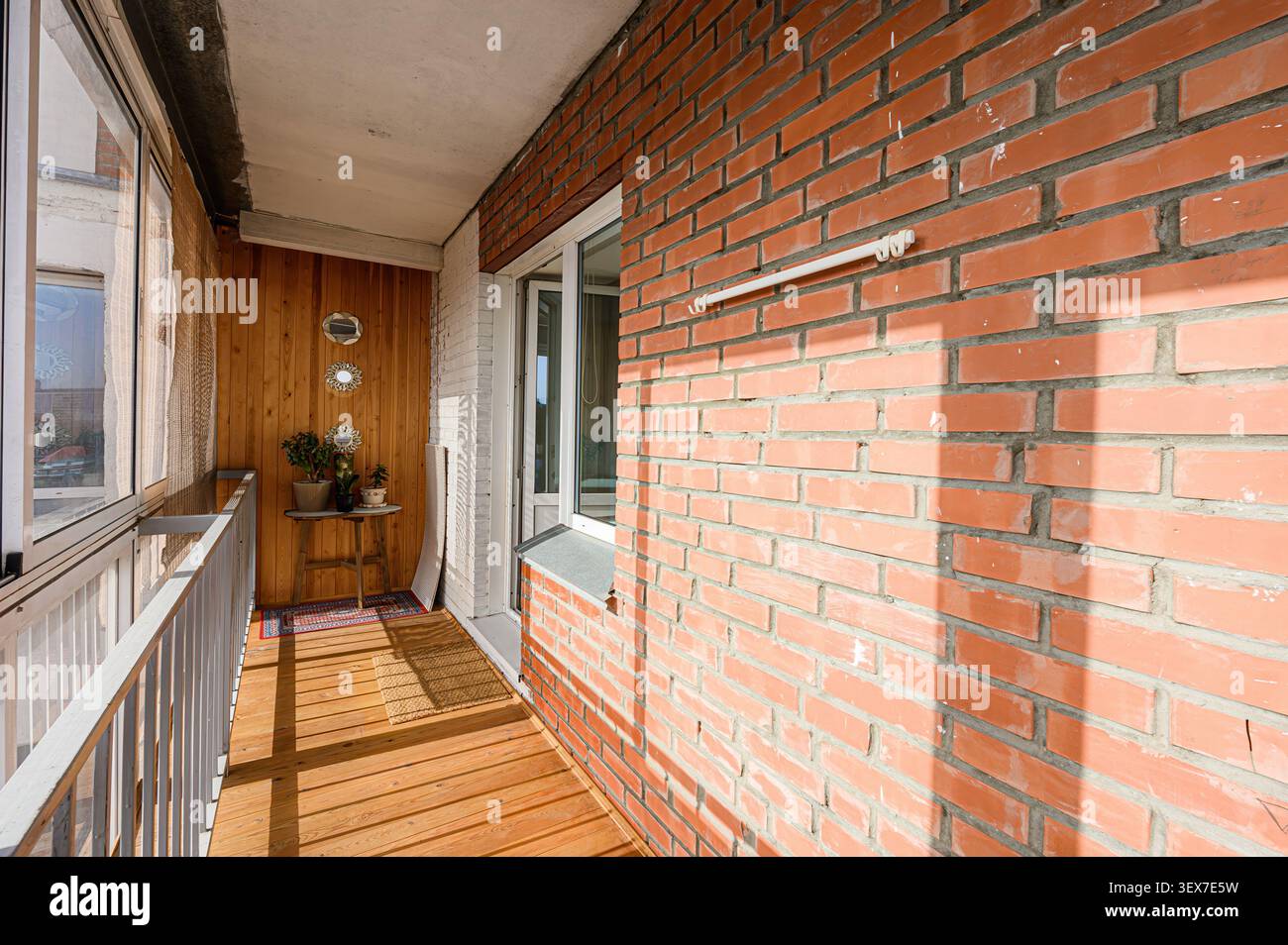 Accogliente balcone con pareti in legno, piante su tavolino e specchi decorativi. la finestra e la porta aperta lasciano entrare luce naturale. il tappeto colorato aggiunge un tocco di colore Foto Stock