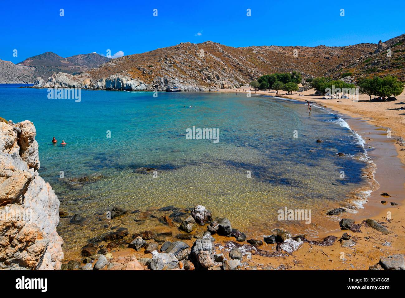 Grecia, Isole del Dodecaneso, Patmos, Spiaggia di Psili Ammos Foto Stock