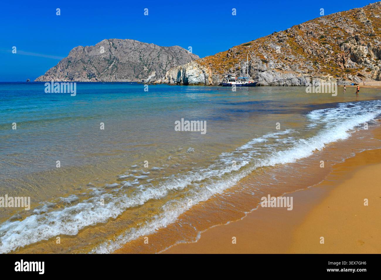 Grecia, Isole del Dodecaneso, Patmos, Spiaggia di Psili Ammos Foto Stock