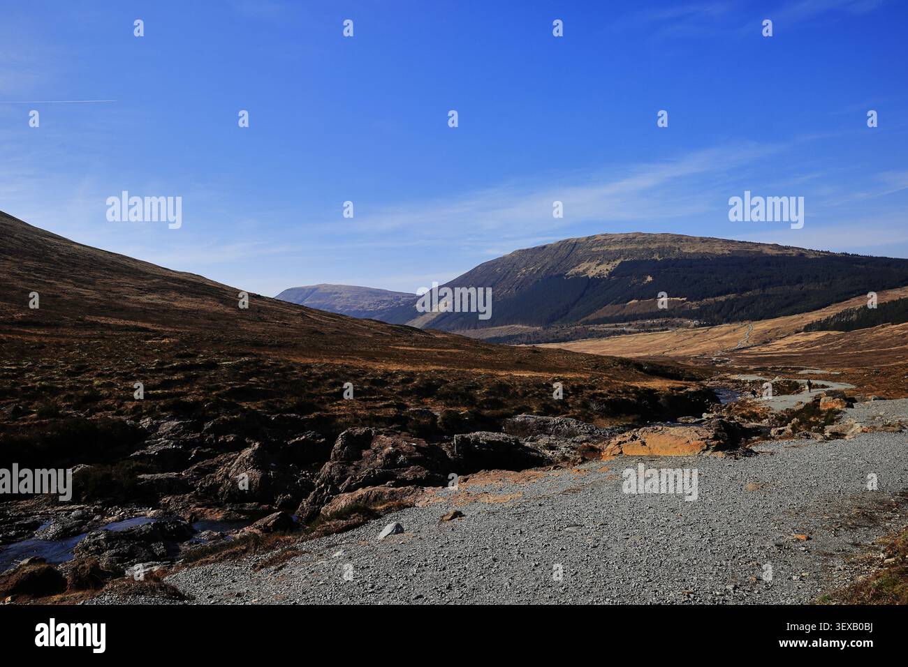Le piscine fatate e il paesaggio frizzante di Glen nell'isola di Skye, in Scozia, sono caratterizzate da piste di ghiaia, basse colline e cielo blu con brughiere scure. Foto Stock